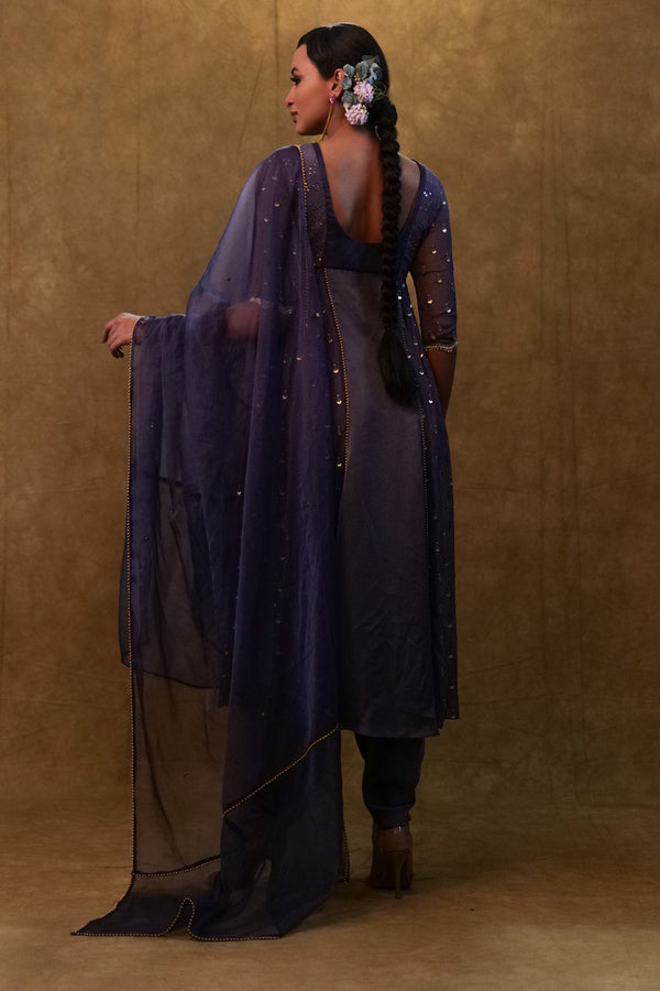 Charcoal Blue Anarkali Suit Paired With Dupatta And Drape Pants.