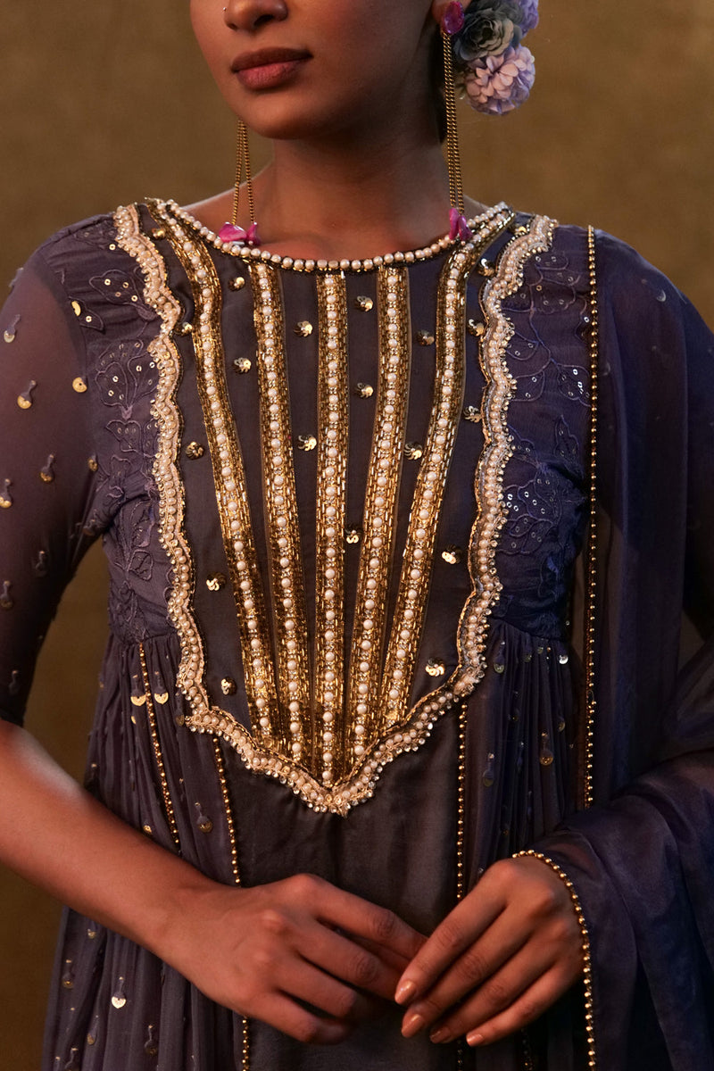 Charcoal Blue Anarkali Suit Paired With Dupatta And Drape Pants.