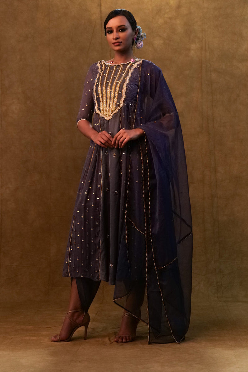 Charcoal Blue Anarkali Suit Paired With Dupatta And Drape Pants.