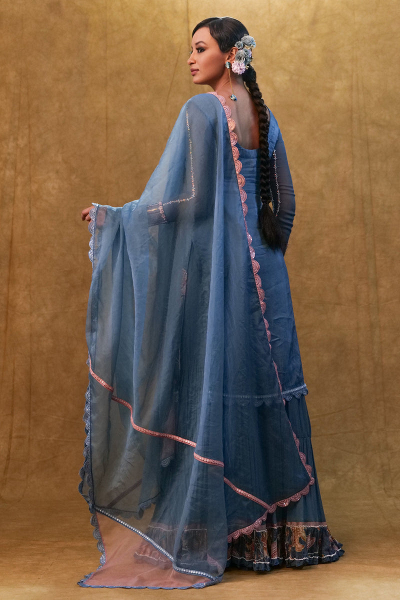 Blue Applique Work Kurta Set Paired With Flared Sharara And A Dupatta.