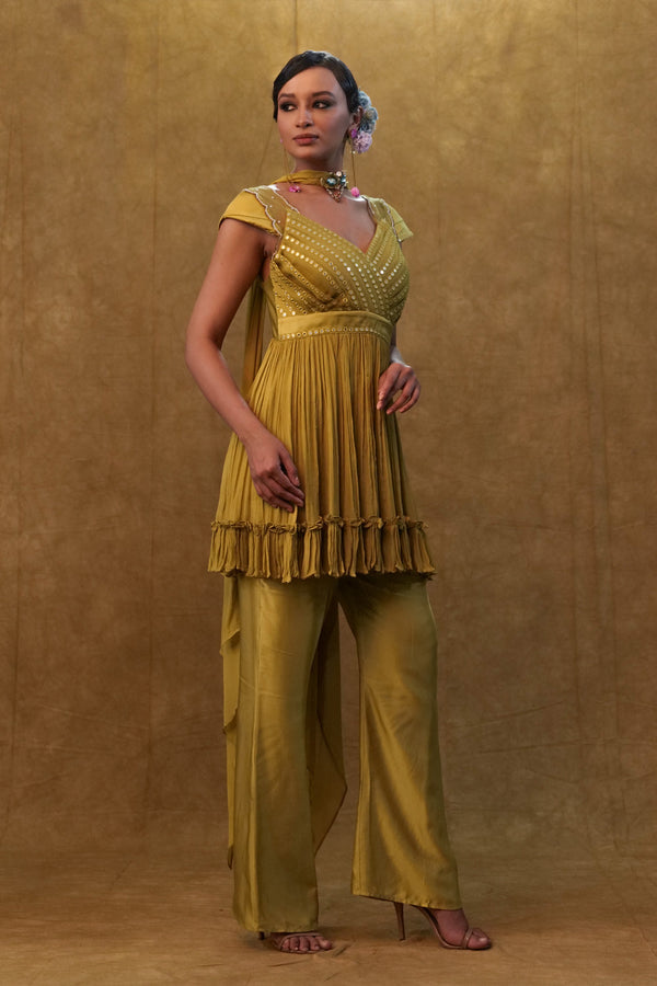 Olive Peplum Set Paired With Pants And A Neck Dupatta