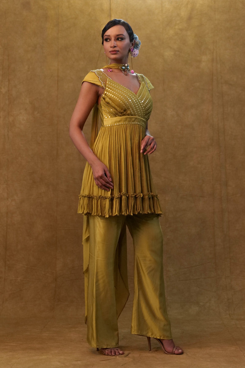 Olive Peplum Set Paired With Pants And A Neck Dupatta