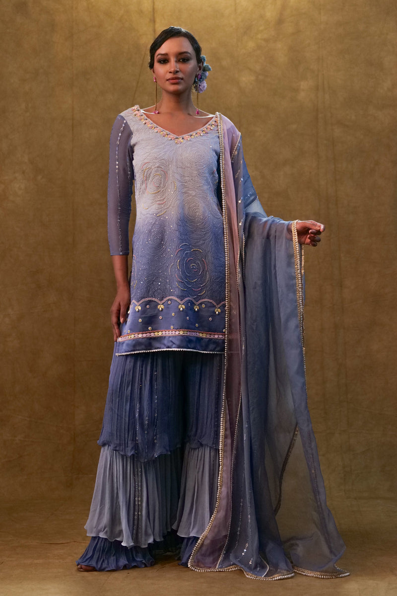 Ice Blue Shaded Kurta Set Paired With Dupatta And Layered Colour Block Sharara.