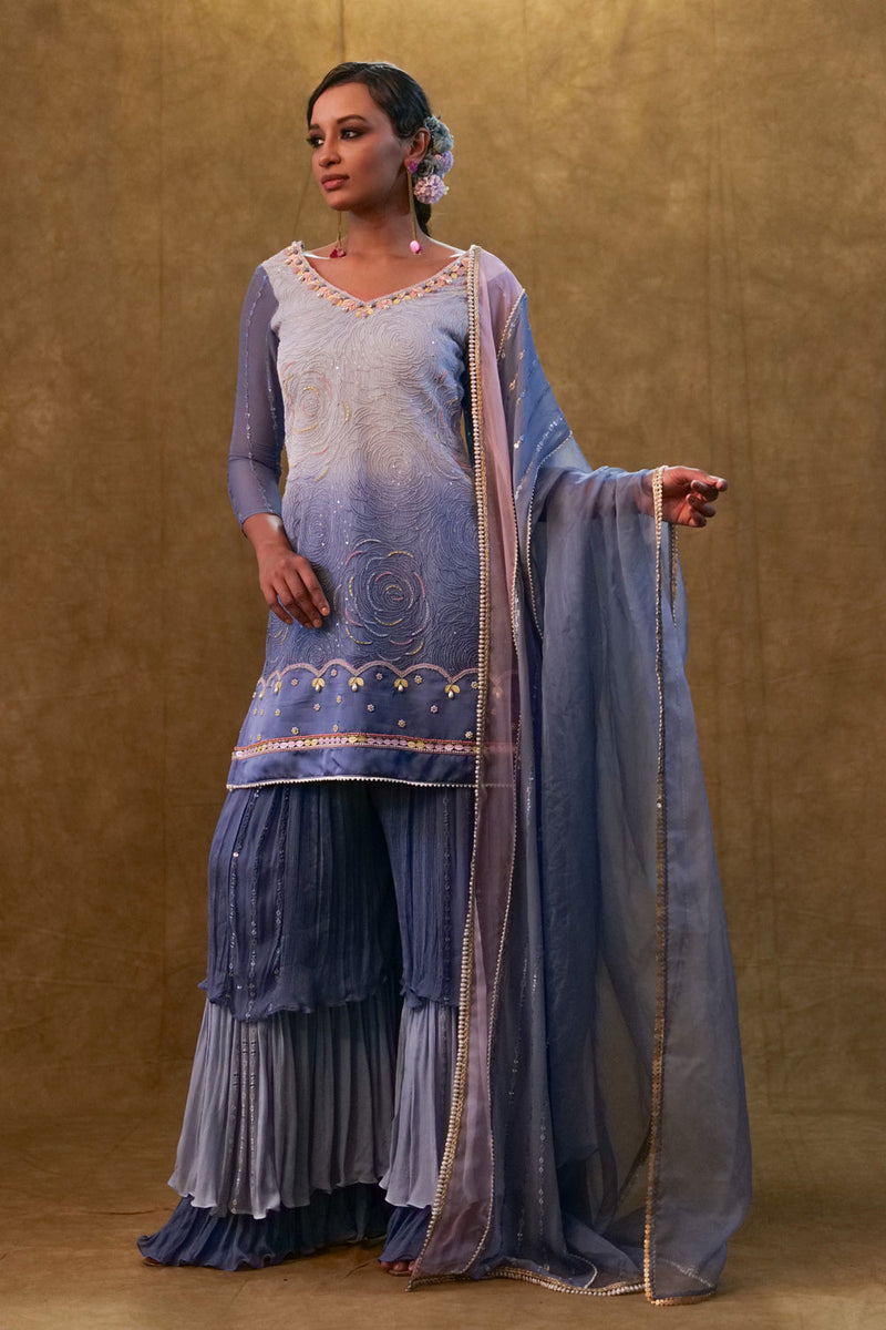 Ice Blue Shaded Kurta Set Paired With Dupatta And Layered Colour Block Sharara.