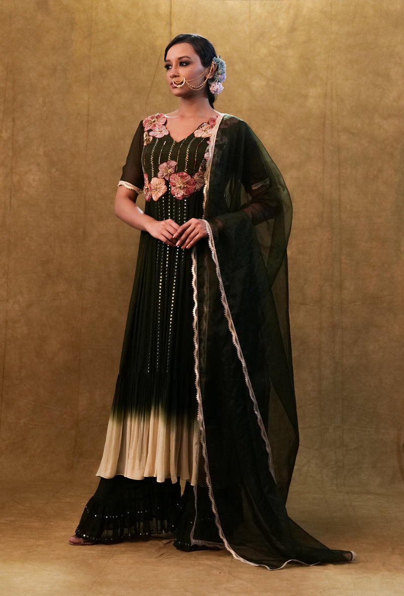 Green Shaded Anarkali Set Paired With Dupatta And Pants.