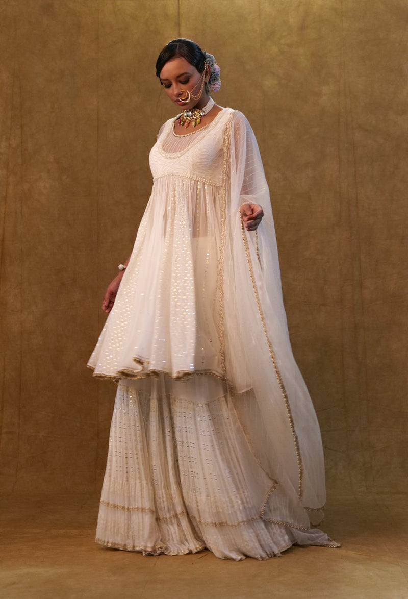 White Anarkali Set Paired With Skirt And Dupatta