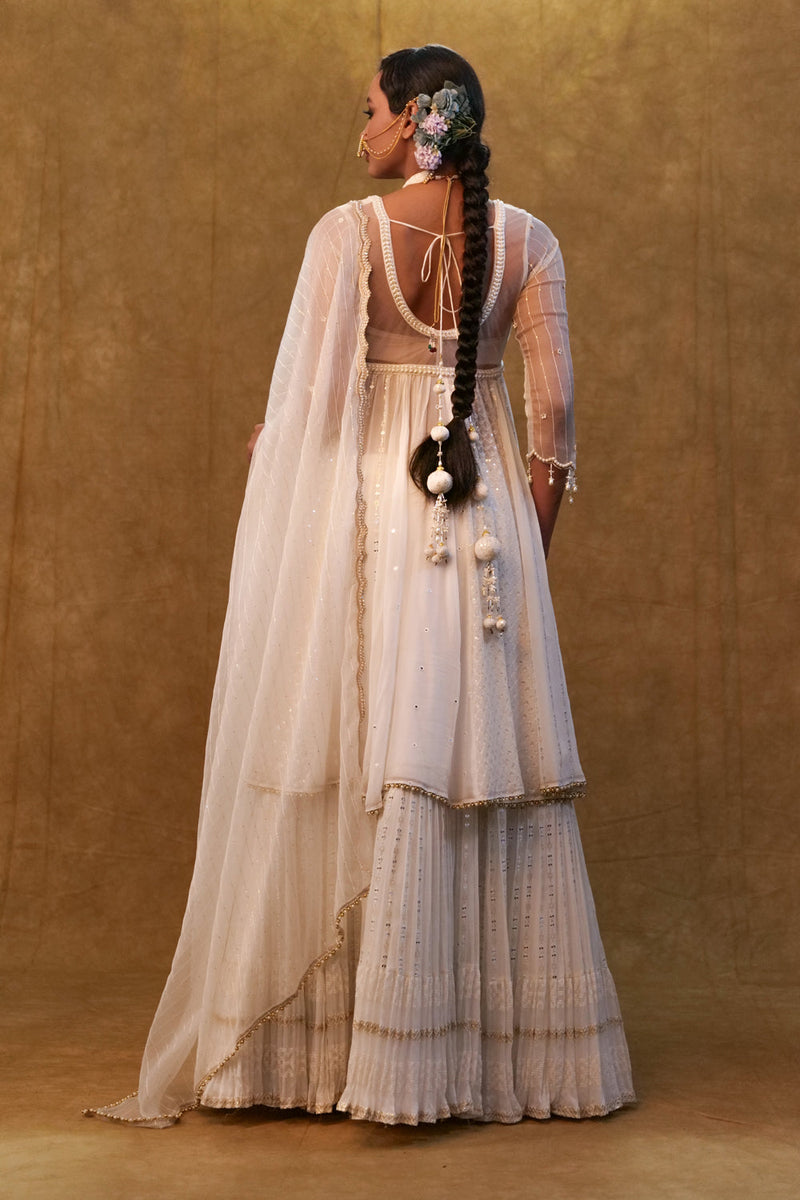 White Anarkali Set Paired With Skirt And Dupatta