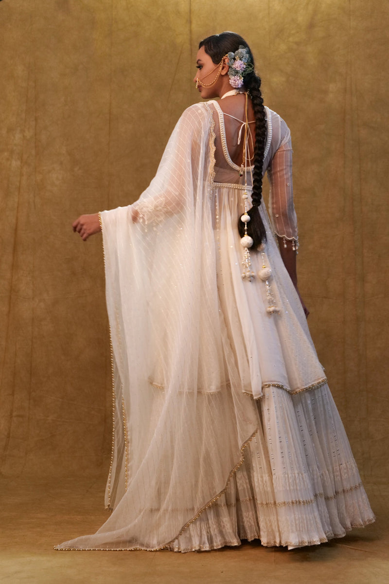 White Anarkali Set Paired With Skirt And Dupatta