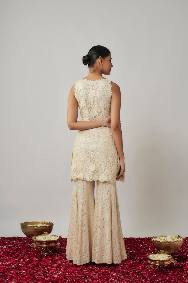 Ivory Sequin And Thread Georgette Kurta Sharara Set