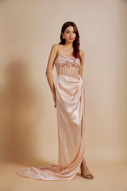 Peach Embroidered Drape Corset Dress