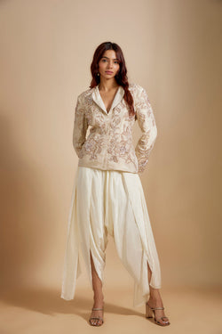 Beige Tissue Jacket With Cream Dhoti