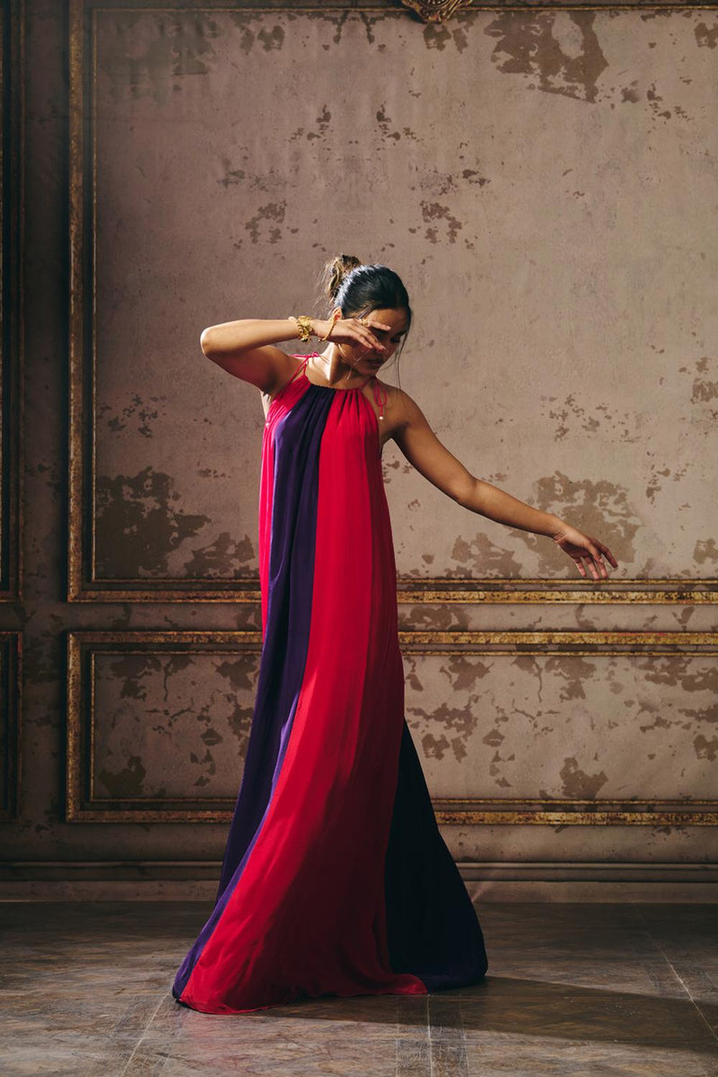 Hot Pink Purple And Red Trapez Gown