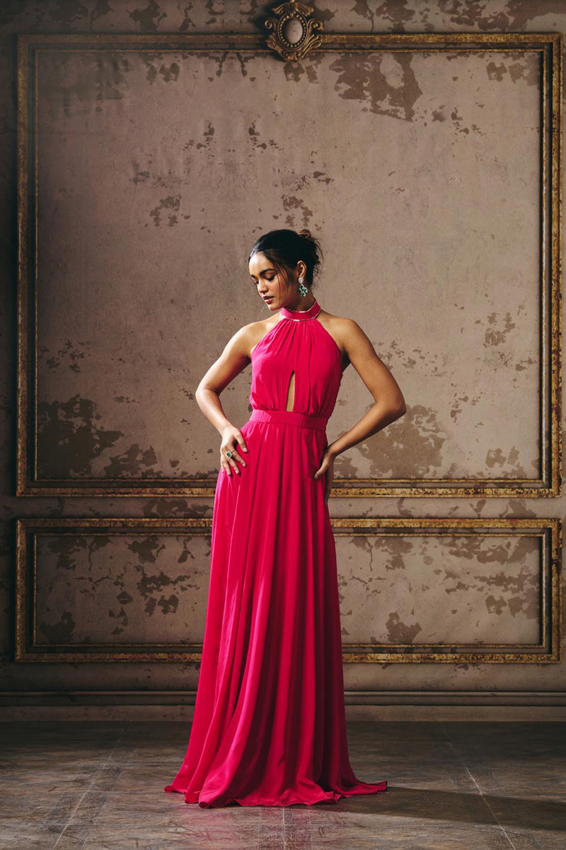 Hot Pink Halter Neck Gown