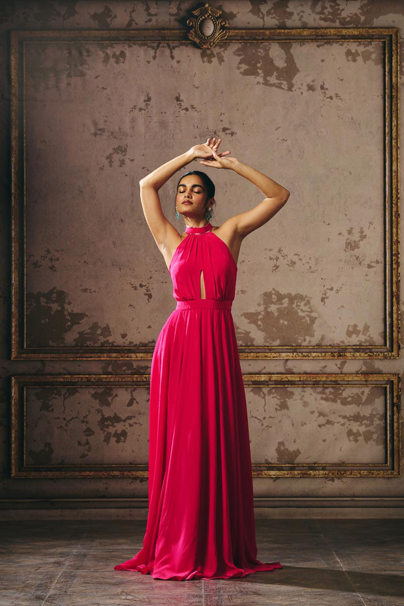 Hot Pink Halter Neck Gown