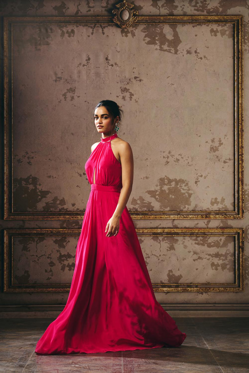 Hot Pink Halter Neck Gown