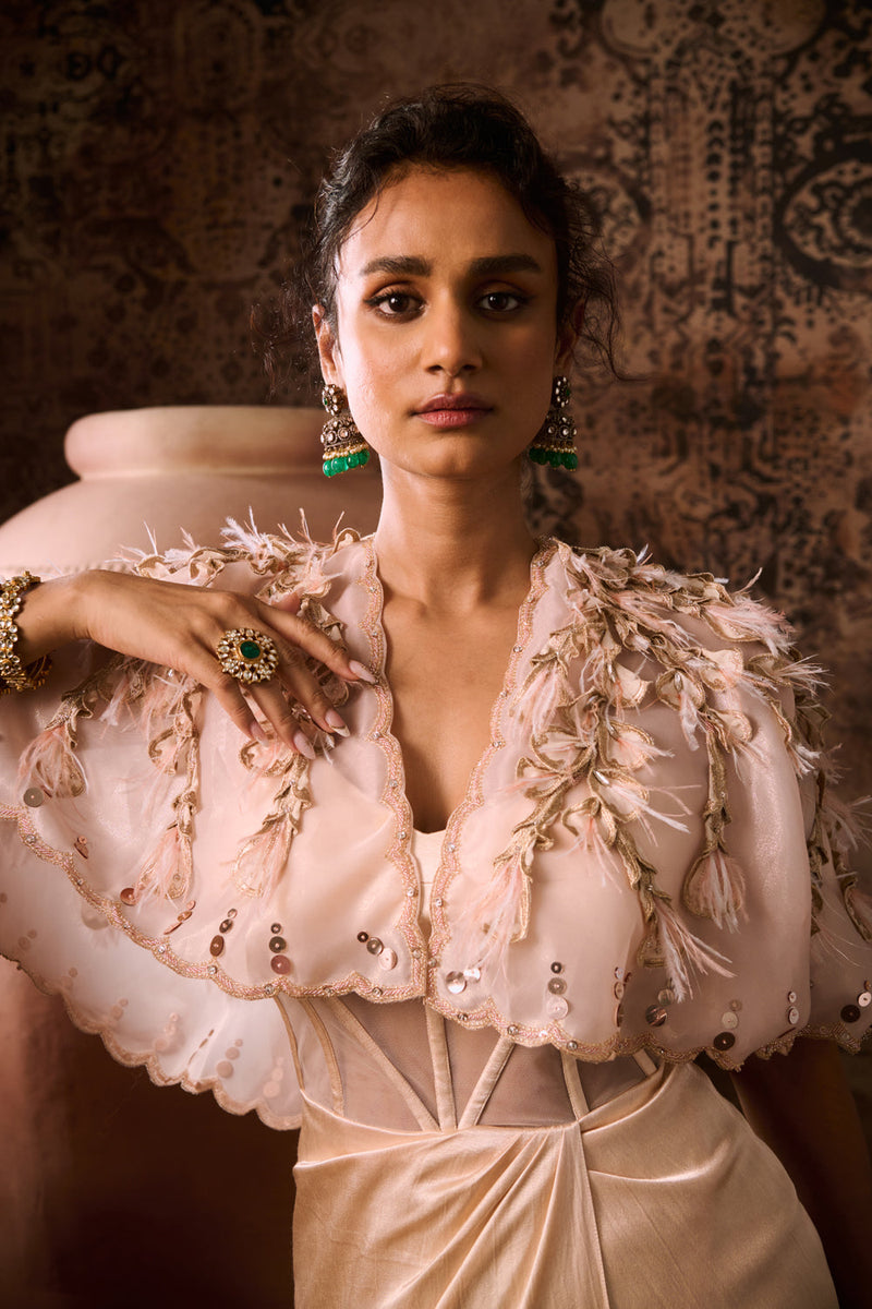 Peach Corset Gown With Embroidered Cape