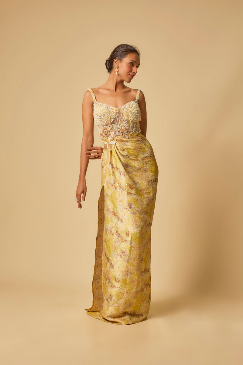 Yellow Brocade Embroidered Corset Drape Gown