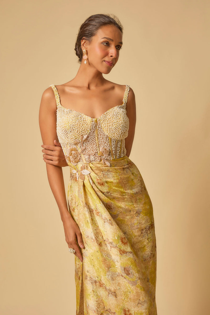 Yellow Brocade Embroidered Corset Drape Gown