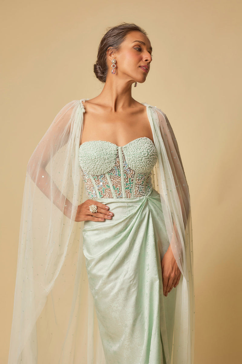 Mint Brocade Embroidered Corset Drape Gown With Cape