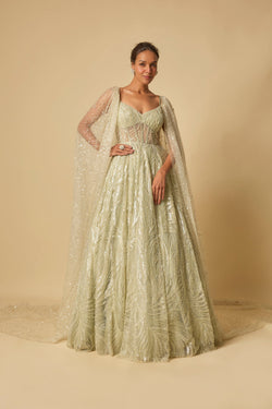 Sage Green Embroidered Gown.With Long Cape