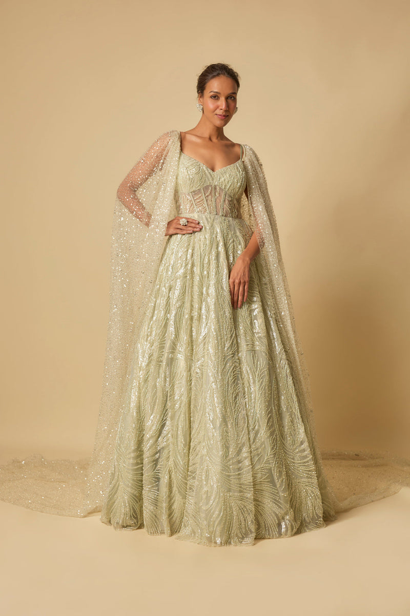 Sage Green Embroidered Gown.With Long Cape