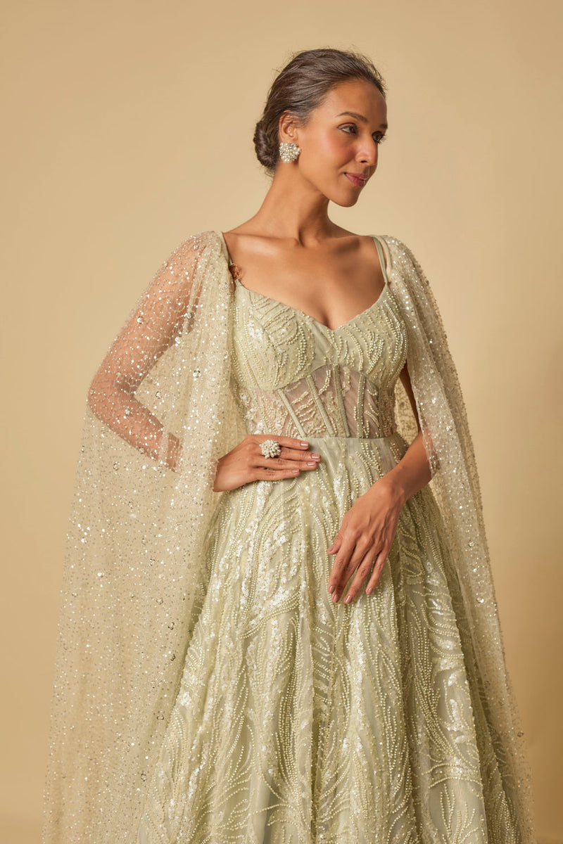 Sage Green Embroidered Gown.With Long Cape