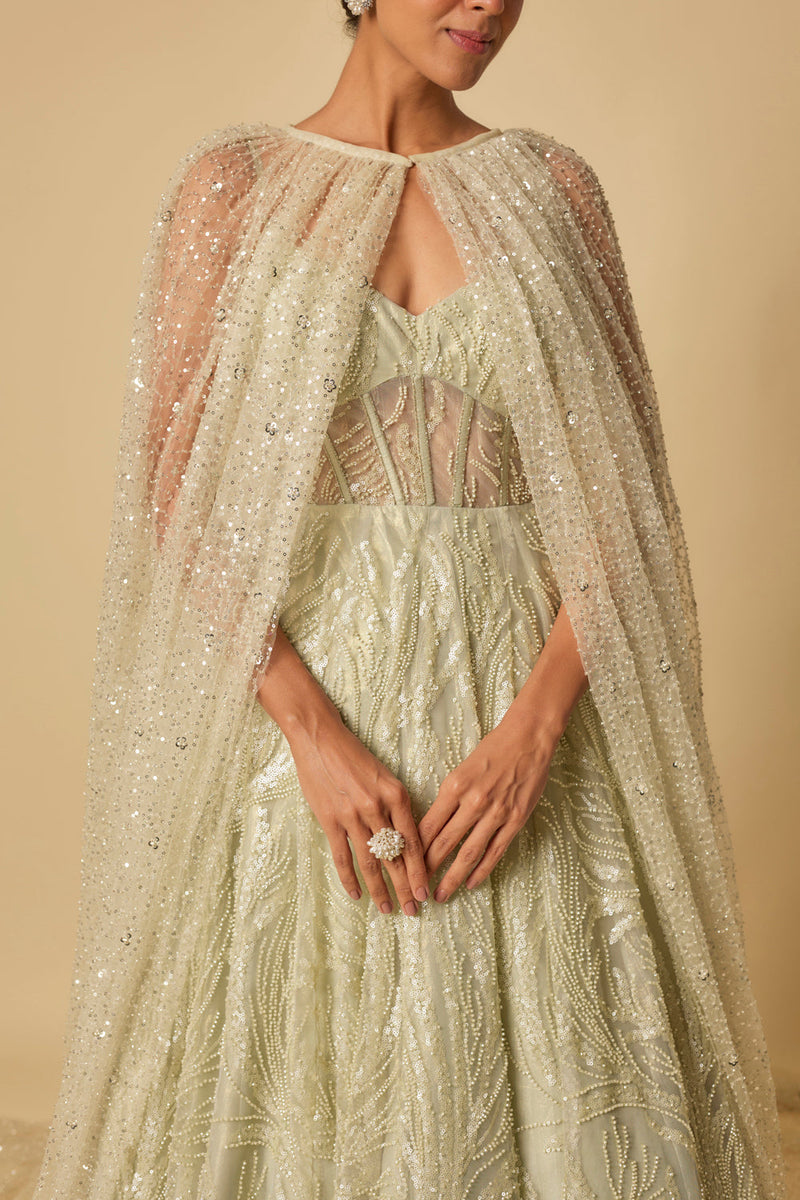 Sage Green Embroidered Gown.With Long Cape