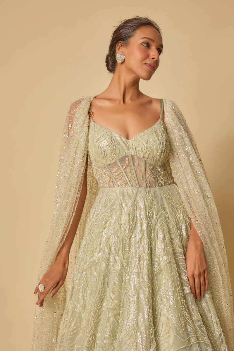 Sage Green Embroidered Gown.With Long Cape