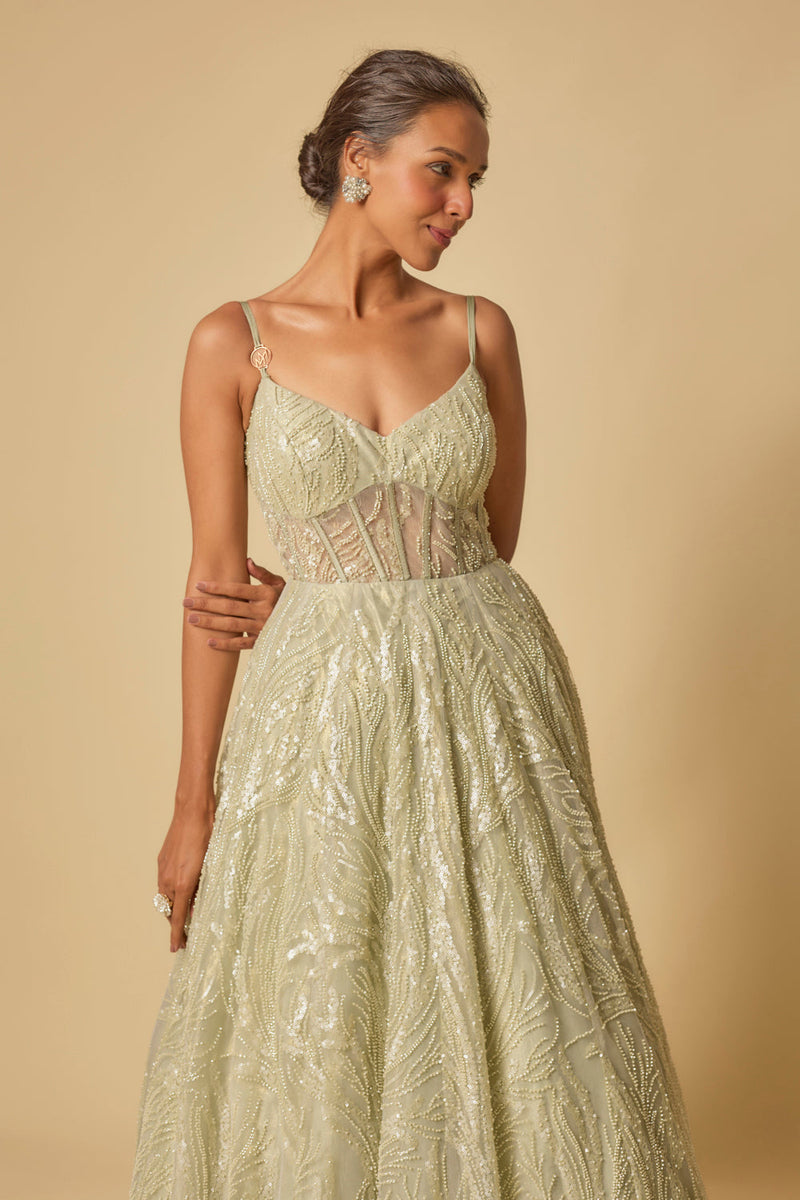 Sage Green Embroidered Gown.With Long Cape