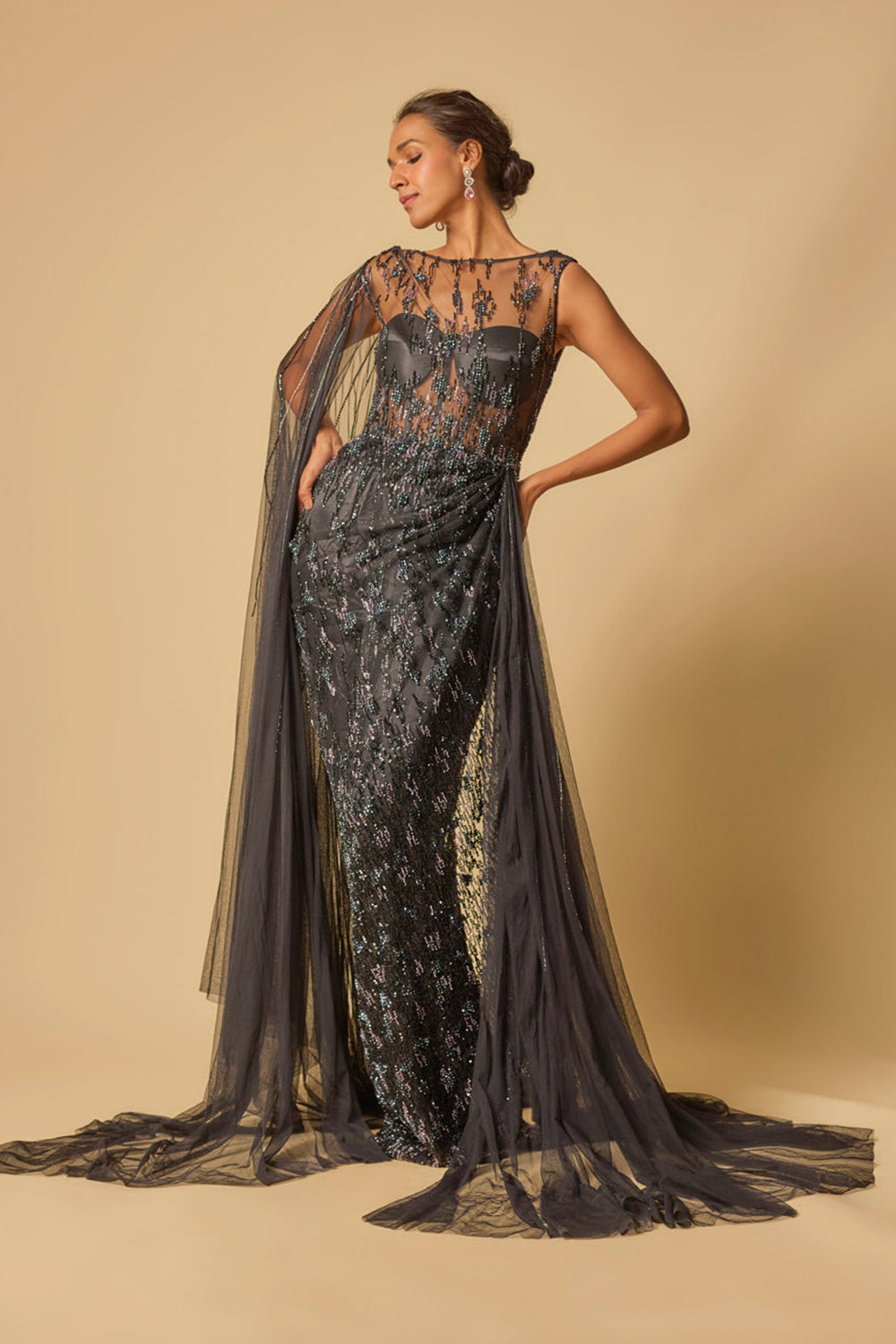 Black Embroidered Drape Gown