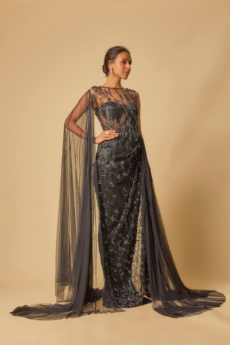 Black Embroidered Drape Gown