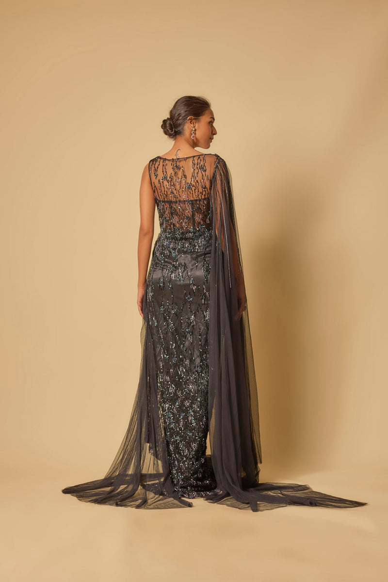 Black Embroidered Drape Gown