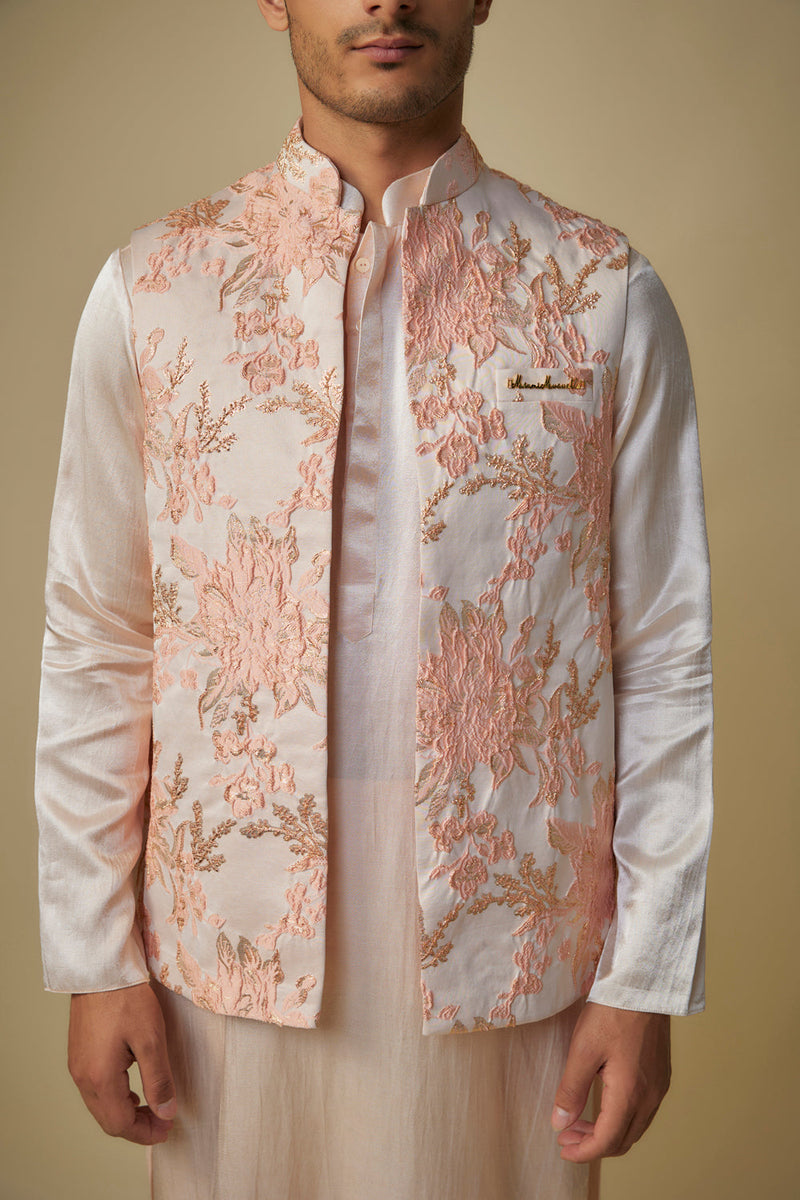 Peach Floral Bundi With Kurta And Pant