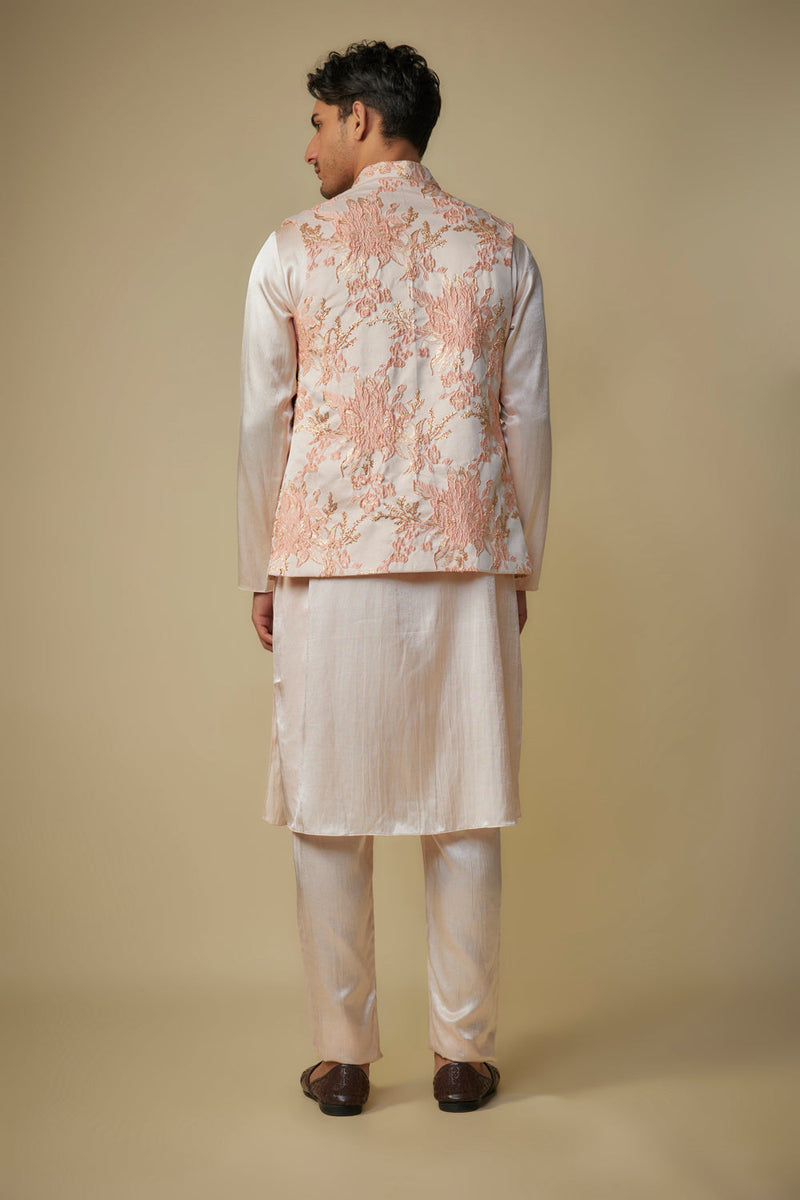 Peach Floral Bundi With Kurta And Pant