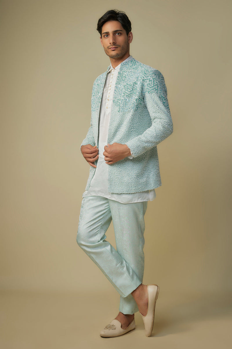 Mint Embroiderd Jacket With Kurta And Pant