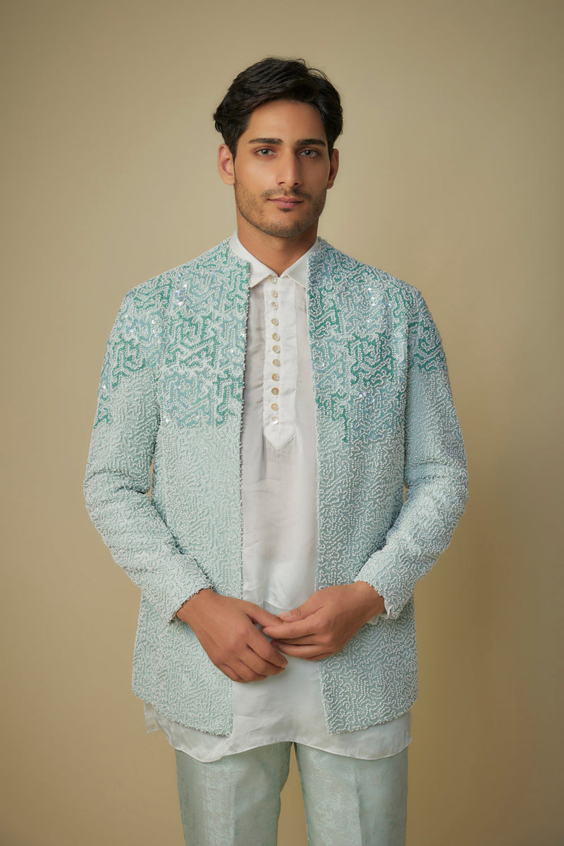 Mint Embroiderd Jacket With Kurta And Pant