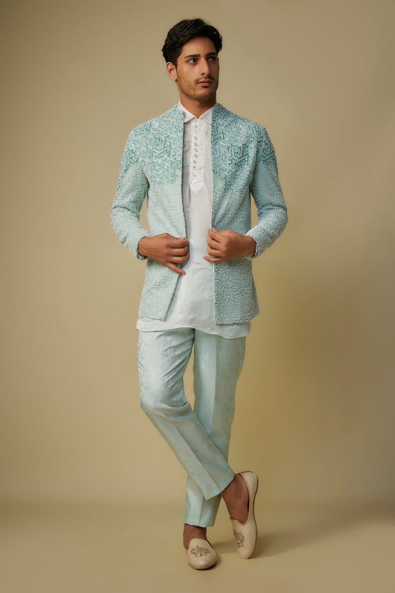 Mint Embroiderd Jacket With Kurta And Pant