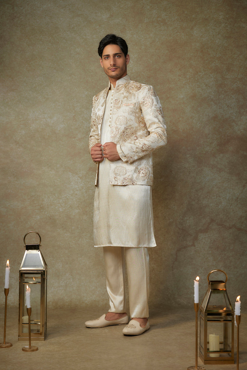 Beige Floral Embroiderd Jacket With Kurta And Pant