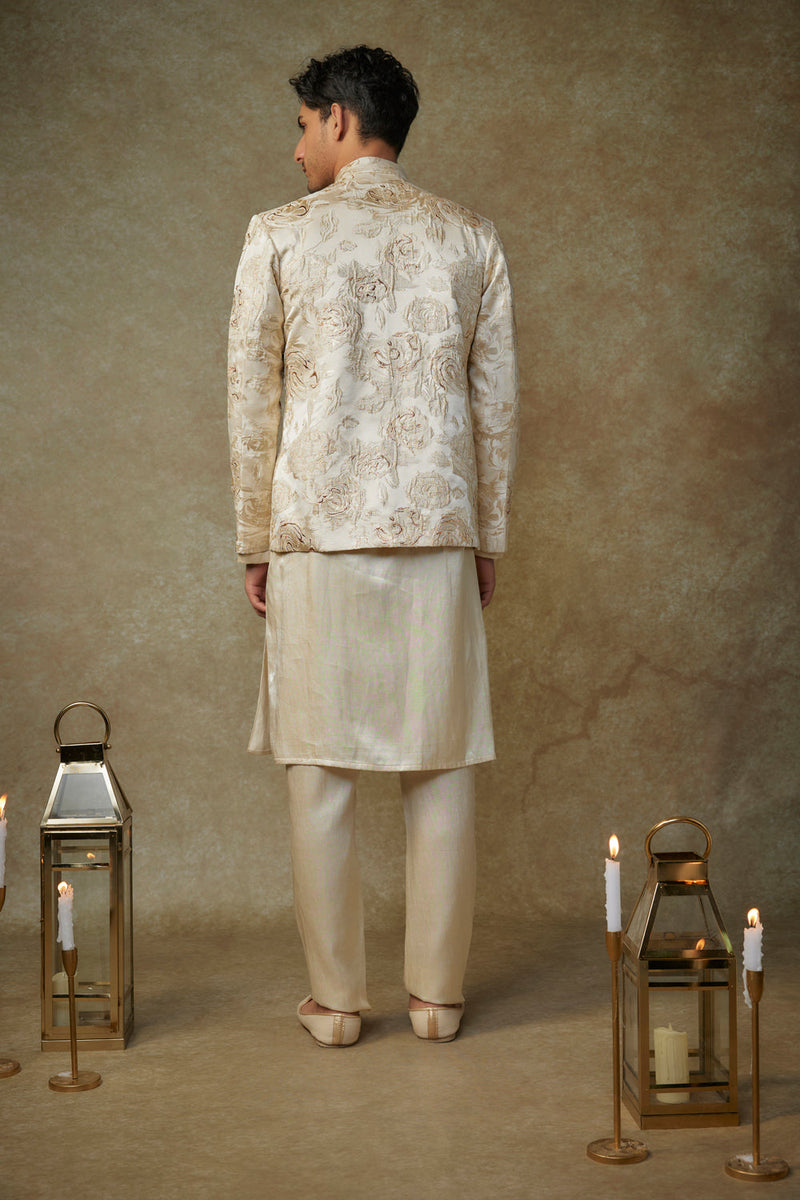 Beige Floral Embroiderd Jacket With Kurta And Pant