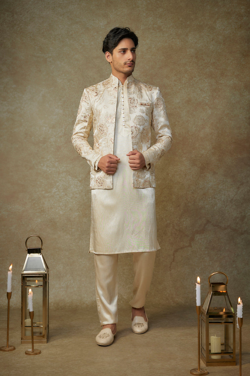 Beige Floral Embroiderd Jacket With Kurta And Pant