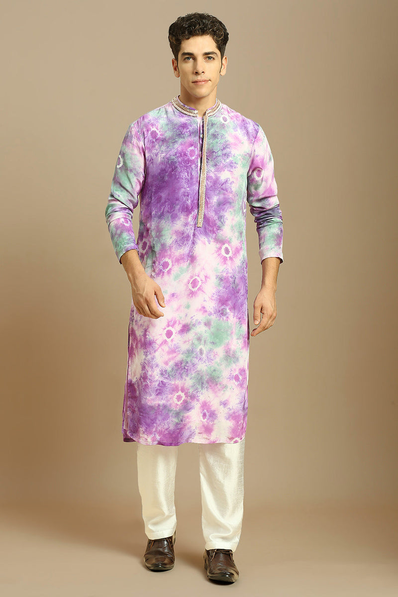 Purple Embroidered Tie-Dye Kurta With White Silk Pant