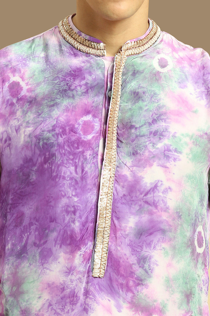 Purple Embroidered Tie-Dye Kurta With White Silk Pant