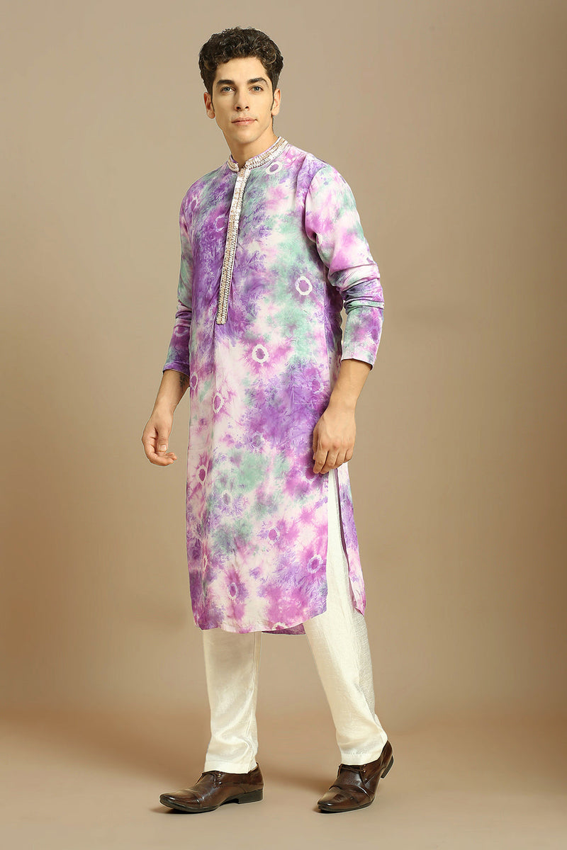 Purple Embroidered Tie-Dye Kurta With White Silk Pant