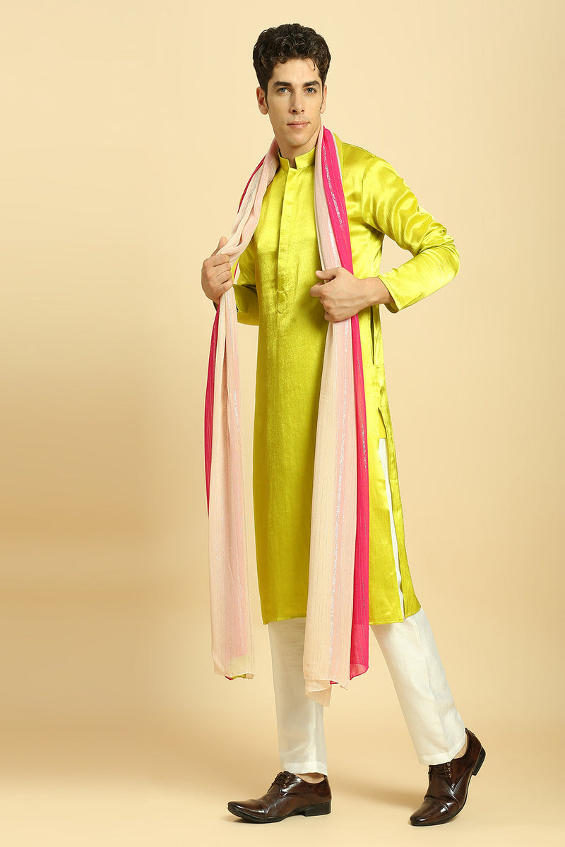 Neon Green Kurta With White Pant With Multi Colour Dupatta