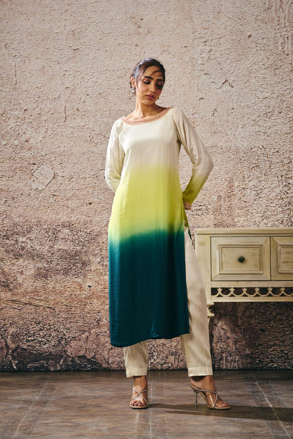 Beige To Dark Green Ombre Kurta