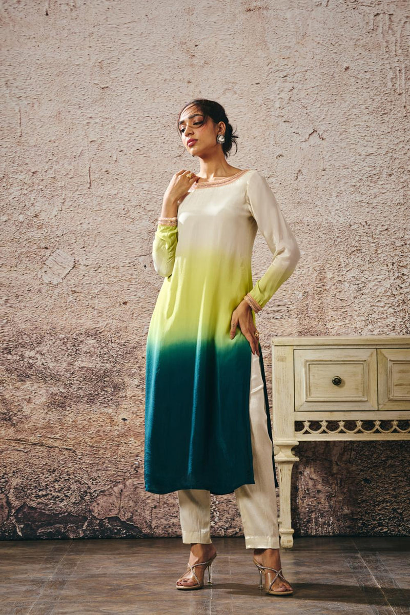 Beige To Dark Green Ombre Kurta