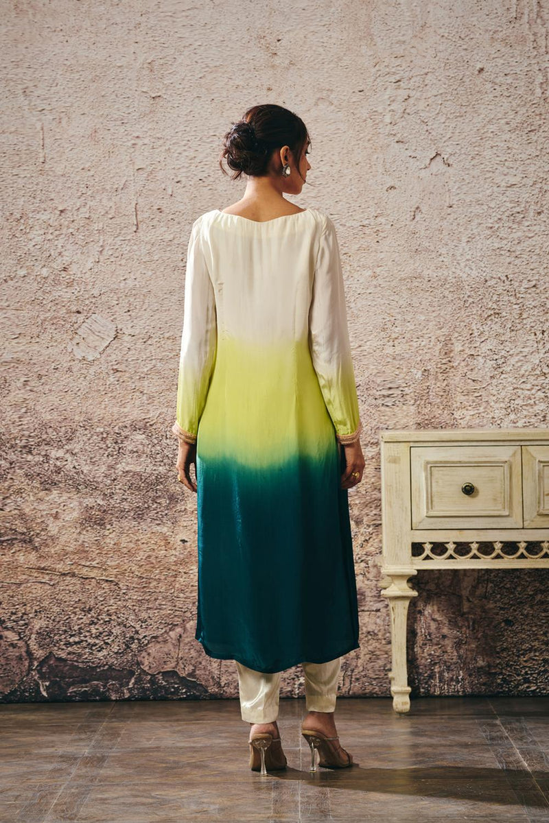 Beige To Dark Green Ombre Kurta