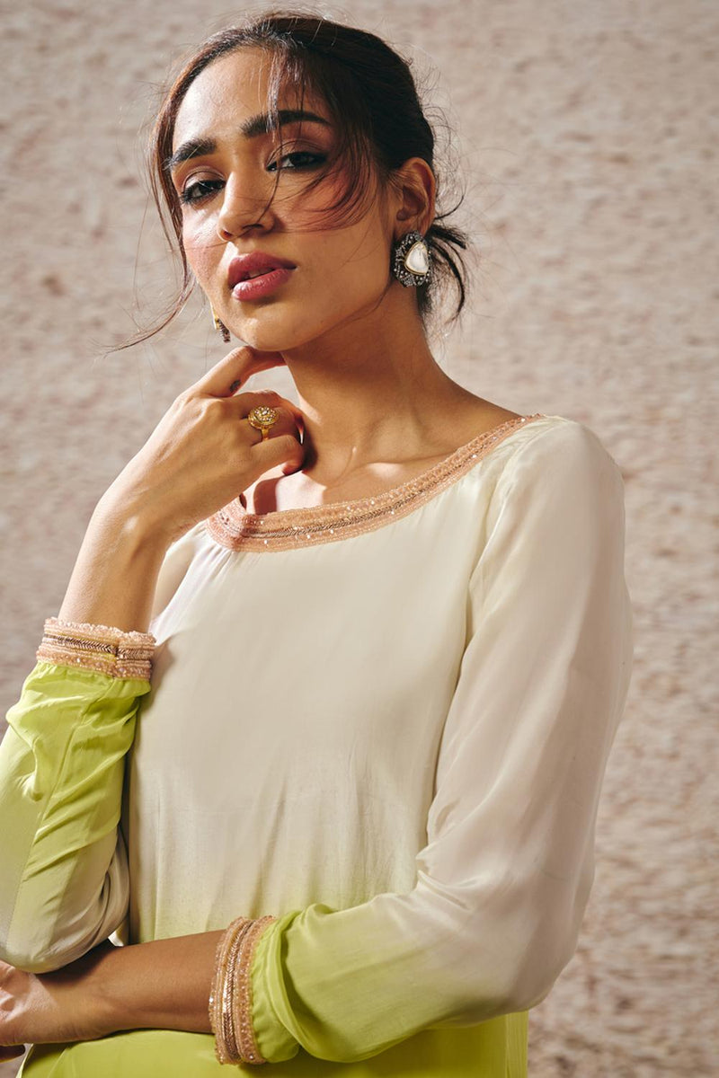 Beige To Dark Green Ombre Kurta