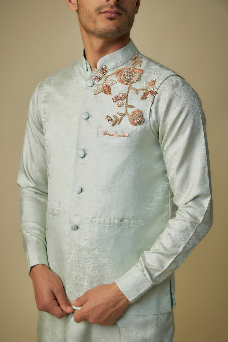 Sage Greem Embroiderd Bundi With Kurta And Pant