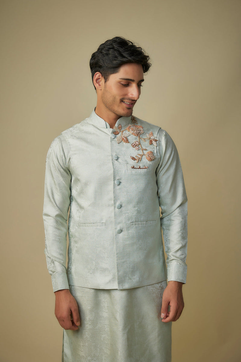 Sage Greem Embroiderd Bundi With Kurta And Pant